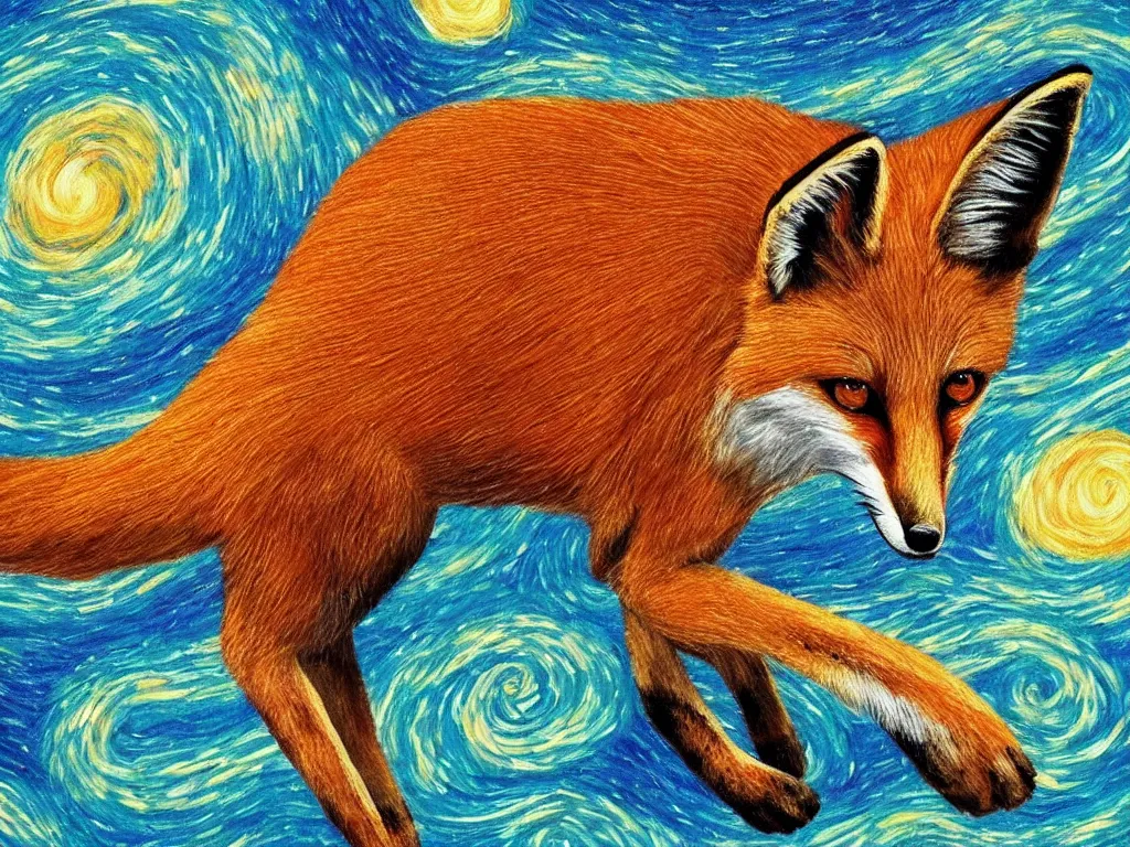 Prompt: a centred zoomed out painting of a fox in the style of Starry Night, highly detailed