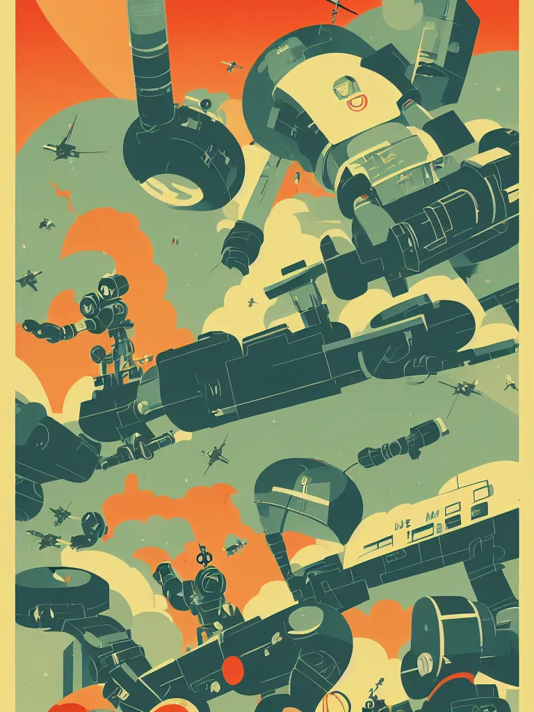 Image similar to tom whalen poster illustration of a large retro science fiction robot battle above city neighbourhood, vintage muted colors, some grungy markings