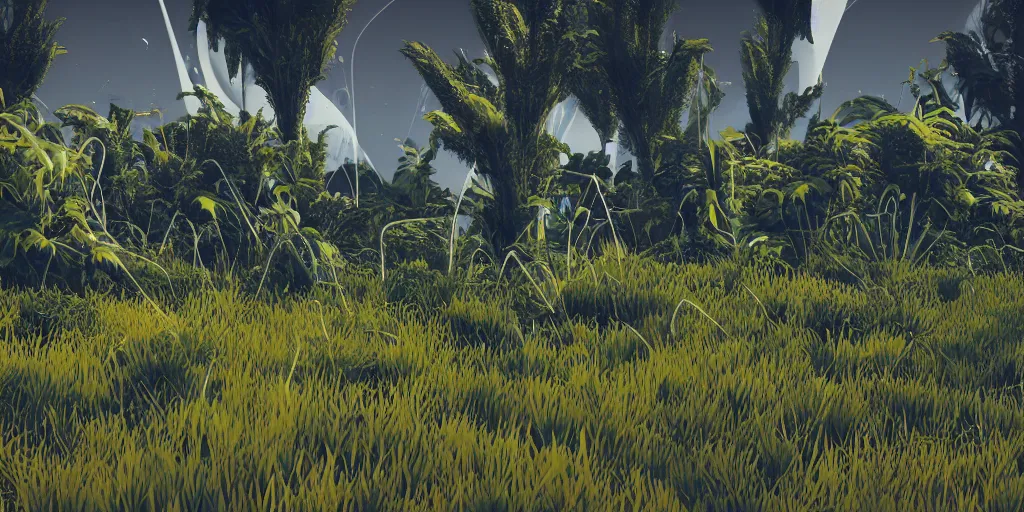 Prompt: abstract 3d landscape painting with vegetation by zaha hadid in no mans sky style, redshift, octane