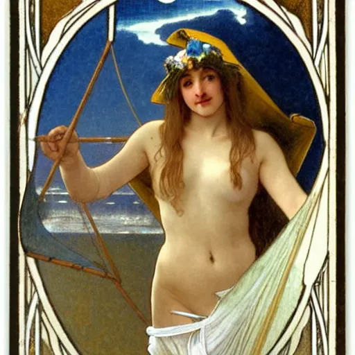 Image similar to A demon girl with jester hat and clothes on a greek archi circle on the front of a Balustrade with a beach and a sail boat on the background, major arcana cards, by paul delaroche, alphonse mucha and arnold böcklin arnold böcklin hyperrealistic 8k, very detailed