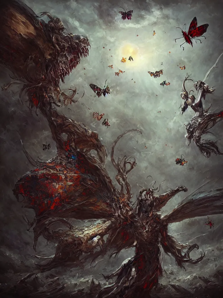 Prompt: monster butterflies attacking people. epic dark fantasy horror stylized oil painting by ivan shiskin. trending on artstation