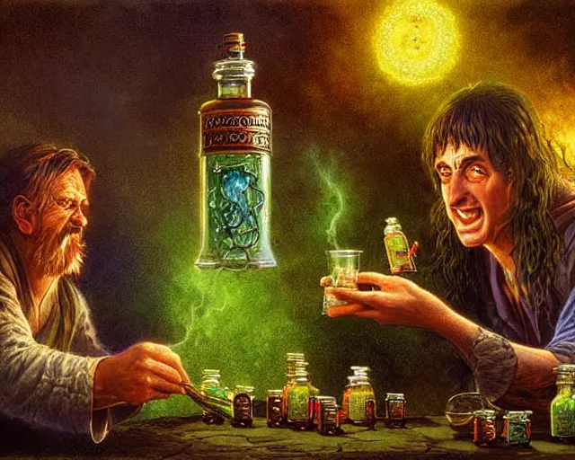 Image similar to A richly detailed fantasy digital art of an ancient vintage apothecary magic arcane nebula healing elixir potion bottle trading card an esoteric blender render by Bob Eggleton, two jolly wizards enthusiastically drinking and imbibing magic potions