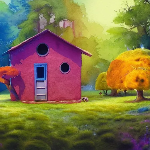 Prompt: a watercolor art in shape of volumetric!! wool felting small wooden house in the middle of spring forest, bright colours, children illustration, 4 k, matte painting, by rhads