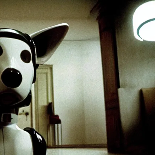 Image similar to movie still of dog robot white swiss shepperd, cinematic composition, cinematic light, criterion collection, by edgar wright