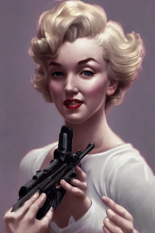 Image similar to beautiful cottagecore Marylin Monroe holding a rifle. intricate, elegant. highly detailed, digital painting, artstation, concept art, smooth, sharp, focus, illustration. . art by artgerm and greg rutkowski and alphonse mucha