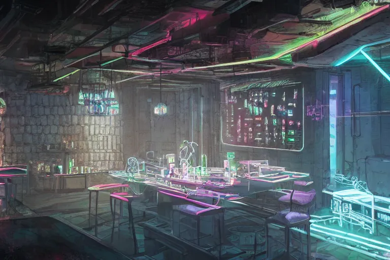 Image similar to Digital concept interior design in style of Hiromasa Ogura and Josan Gonzalez of cyberpunk tavern with stone walls and neon lights, a lot of electronics, many details. Natural white sunlight from the transperient roof. Rendered in VRAY and DaVinci Resolve and MAXWELL and LUMION 3D, Volumetric natural light