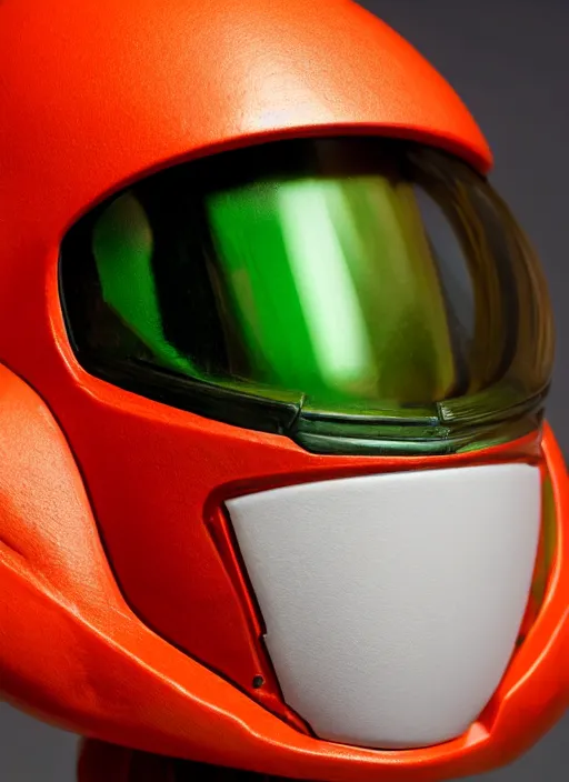 Image similar to helmet portrait of a figurine of samus aran's varia power suit from the sci - fi nintendo videogame metroid. designed by hiroji kiyotake. glossy. red round helmet, orange shoulder pads, green visor. shallow depth of field. suit of armor.