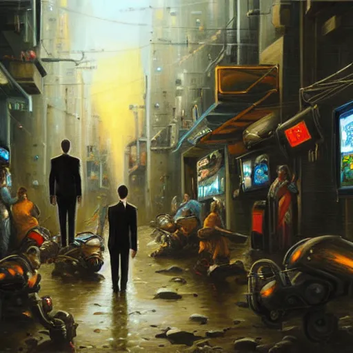 Prompt: beautiful detailed religious oil painting of a war between robotic cyborg Street kids and business people in suits, cyberpunk