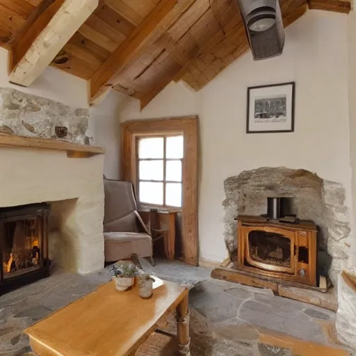 Prompt: photo of interior of cozy stone cottage