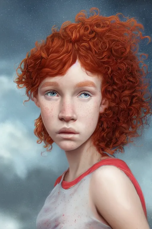 Prompt: a digital matte painting of an young girl, with curly red hair, freckles, and pensive look, by magali villeneuve