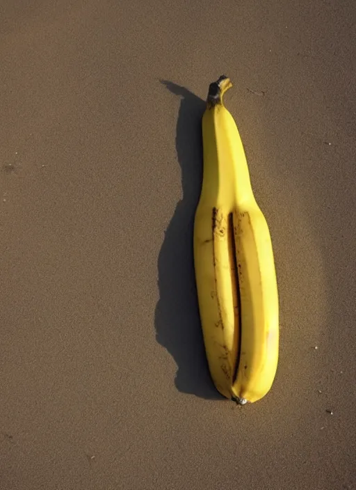 Image similar to jeff goldblum as a banana on the sand of a beach