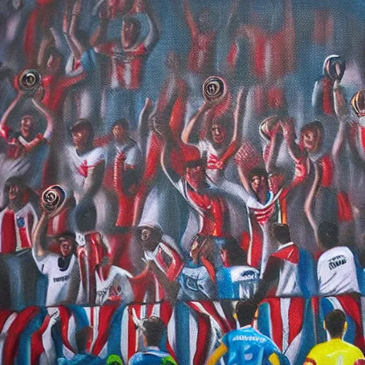 Image similar to copa libertadores atmosphere in the stands, painting, realistic, cinematic, dynamic light, photorealistic, ultra detailed