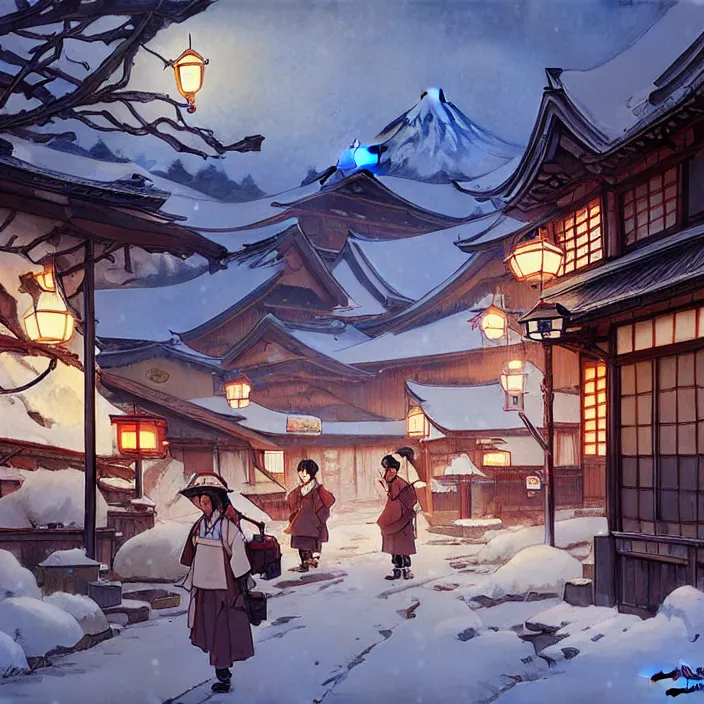 Image similar to japanese rural town, winter, in the style of studio ghibli, j. c. leyendecker, greg rutkowski, artem