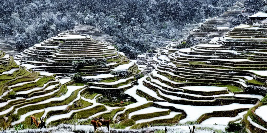 Image similar to a photo of ifugao rice terraces in the Philippines snowing and everything is covered with snow, winter wonderland, tropical snow, bad cold weather