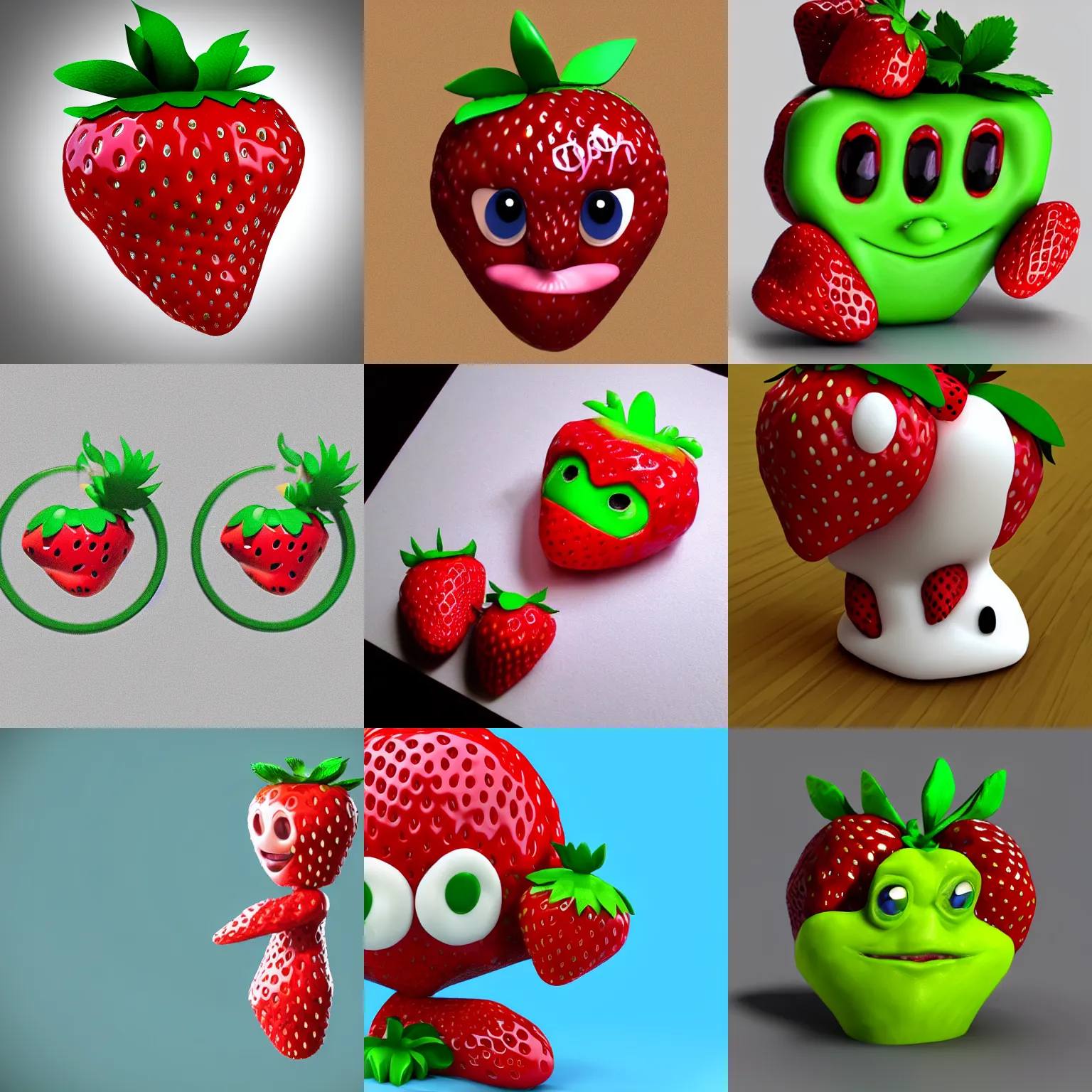 Prompt: poorly rendered 3 d strawberry character with adorable face