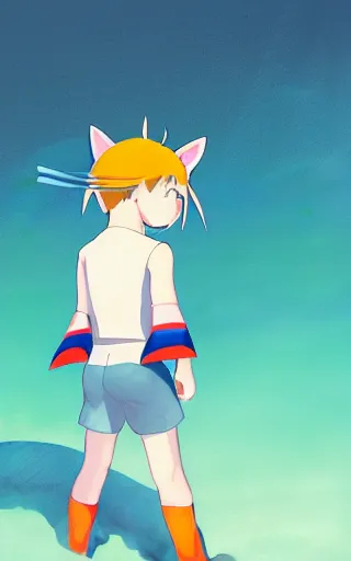 Image similar to little boy with cat ears wearing an latex suit with cape. digital painting made by makoto shinkai and james jean, deep ocean