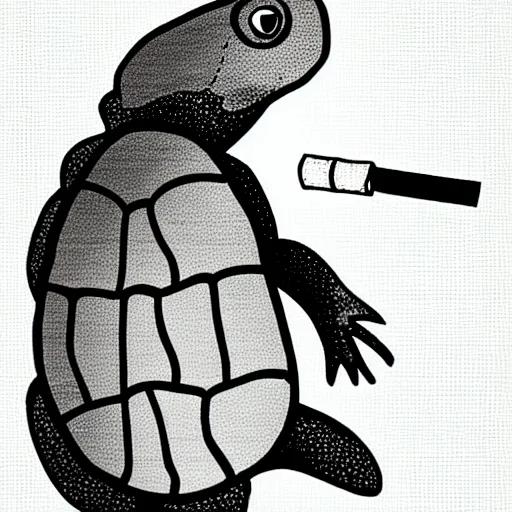 Image similar to storybook illustration of a turtle smoking a cigarette, storybook illustration, monochromatic