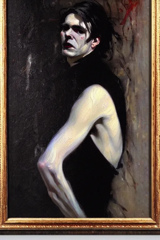 Prompt: impressionist brushstrokes!!!! giger and richard schmid and jeremy lipking victorian loose genre loose painting full length portrait painting of a victorian male vampire