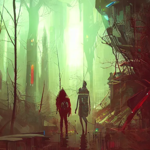 Image similar to lost in the cyberpunk forest, digital art, artstation