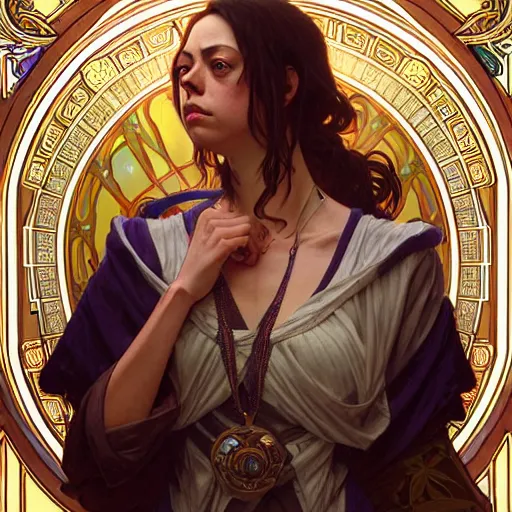 Image similar to grammaton clerics aubrey plaza fantasy, d & d, intricate, detailed, by by alphonse mucha, adolfo hohenstein, alice russell glenny, stanley artgerm lau, greg rutkowski, detailed, trending on artstation, trending on artstation, smooth