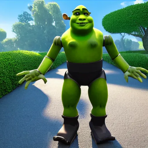 Image similar to shrek as humanoid robot made of steel, unreal engine 5, ray tracing, extremely detailed, 8 k