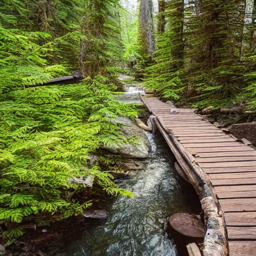 Image similar to Cabin in Canadian forest, creek, wooden bridge, waterfall, award winning photo, 100mm lens, f2.8, low contrast