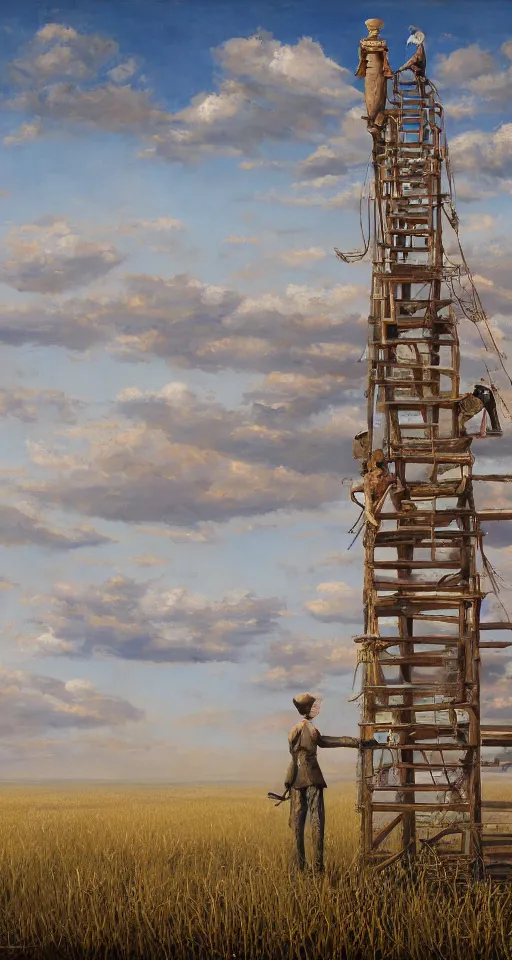 Prompt: surreal building construction, ladders to the sky in the steppe, in game pathologic 2, by jacek yerka, by levitan, oil on canvas, acrylic, digital art, royal academy, masterpiece, trending on artstation, cinematic composition, sharp, details, hyper - detailed, hd