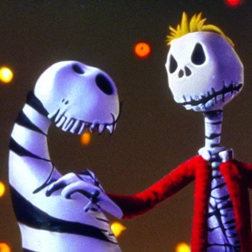 Image similar to a still of calvin and hobbes in nightmare before chrismas