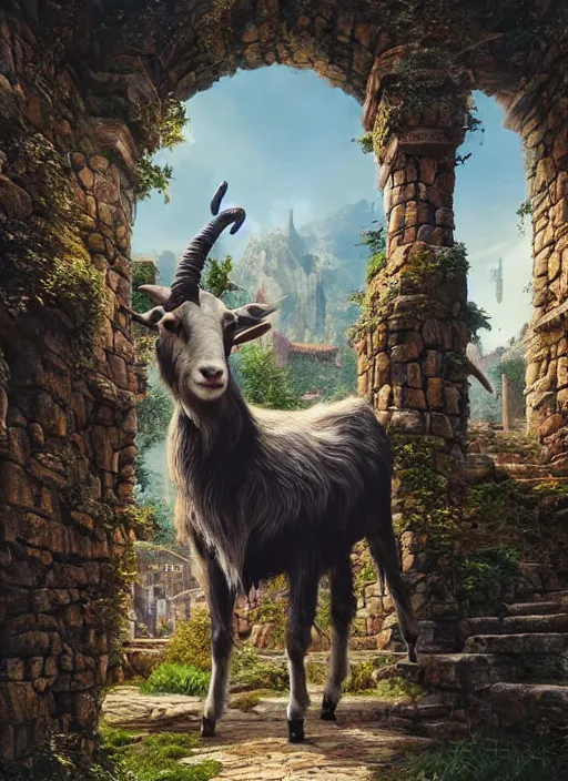 Image similar to giant goat on a fantasy village, art by artgerm and greg rutkowski, cinematic shot, intricate, ornate, photorealistic, ultra detailed, trending artstaition, realistic, 1 0 0 mm, photography, octane, high definition, depth of field, bokeh, 8 k