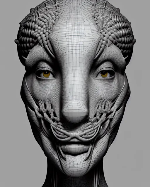 Image similar to a black and white 3D render of a young beautiful female queen-dragon-cyborg bust with a very long neck and a partial Mandelbrot fractal face, anatomical, flesh, facial muscles, veins, arteries, elegant, highly detailed, flesh highly ornate, cable wires, elegant, high fashion, rim light, octane render, in the style of H.R. Giger, Realistic, Refined, Digital Art, Highly Detailed, Cinematic Lighting, rim light, black and white, photo-realistic, 8K
