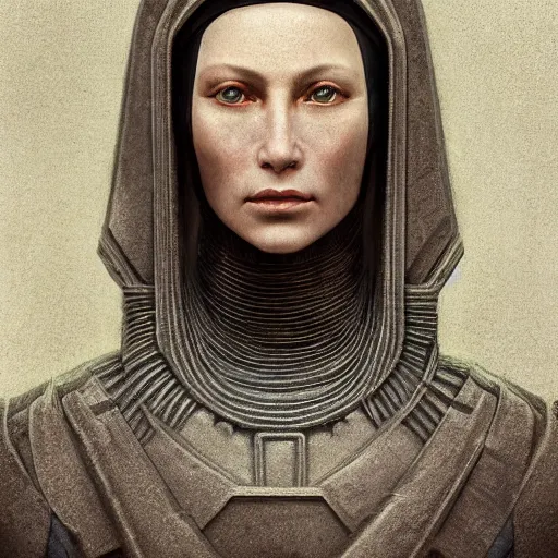 Prompt: sci - fi portrait of bene gesserit order sister by jean delville and rafael santi, baroque, intricate, hyperealistic, photoreal, 8 k resolution, highly detailed, proffesional illustration, high contrast, ambient occlusion, octane render, unreal engine 5