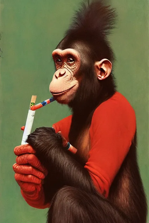 Image similar to a chimp in a clown suit, smoking a cigarette, painted by Norman Rockwell