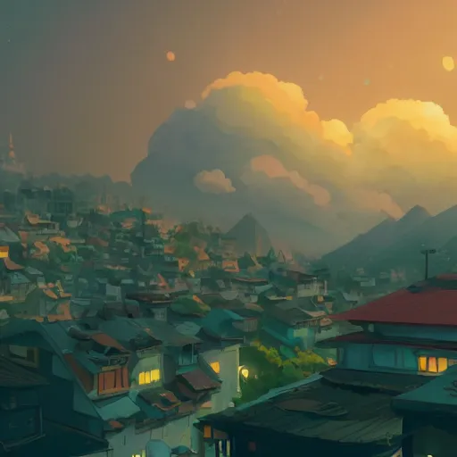 Image similar to a mountain city with lot's of clouds, detailed, cory loftis, james gilleard, atey ghailan, makoto shinkai, goro fujita, studio ghibli, rim light, exquisite lighting, clear focus, very coherent, plain background