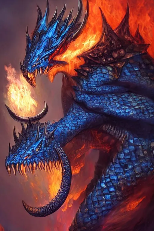 Image similar to a dark blue dragonborn with large tusks, half of his face flaming with blue flame, he wears a black dragon scales armor, D&D art