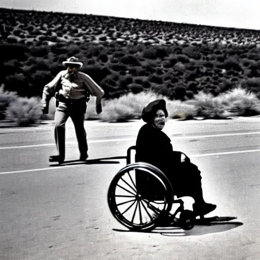 Image similar to Old woman in a wheelchair is chased by the police at very high speed. police cars in the background chasing the woman. texas desert. dramatic journalism, colored photo. 1970.