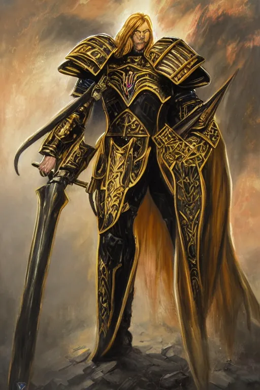 Prompt: a tall and imposing Warhammer 40k paladin in black and gold armor, long red cape, glorious LONG BLOND hair, by Ivan Aivakovsky, by Boris Vallejo, epic fantasy character art, D&D Concept Art, full length, Realistic, Regal, Refined, Detailed Digital Art, Oil Paining, Exquisite detail, post-processing, masterpiece, Cinematic Lighting, Unreal Engine, 8k, HD