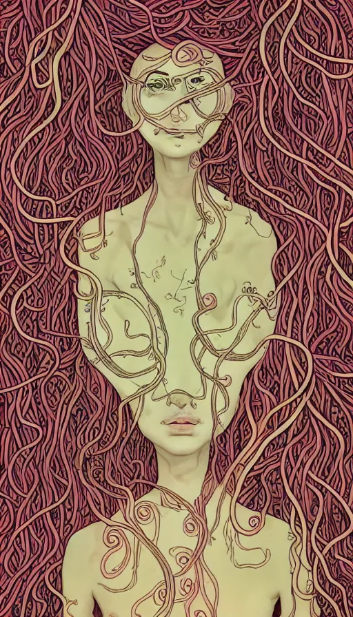 Prompt: very detailed portrait of a 2 0 years old girl surrounded by tentacles, the youg woman visage is blooming from fractal and vines, by wes anderson,