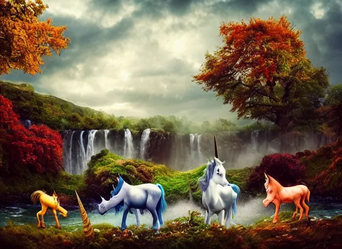 Prompt: unicorns in an autumnal landscape, river and waterfalls, pretty tree with fruits, tormented sky with rain in the background, immaculate horns, little pixies and goblins playing, inspired by clark amanda and corfield paul