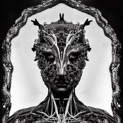 Prompt: a full bodyfemale model by stefan geselle and nekro borja, photorealistic, biomechanical, fractal fiberglass, intricate details, hyper realistic, ornate headpiece, dark beauty, photorealistic, canon r 3, photography, wide shot, photography, dark beauty, symmetrical features