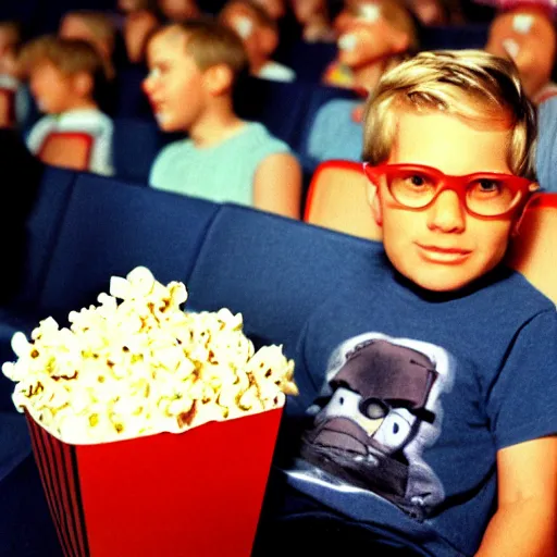 Image similar to a boy sitting alone in a movie theater eating popcorn, in the style of doug, 1 9 9 0 s cartoon,