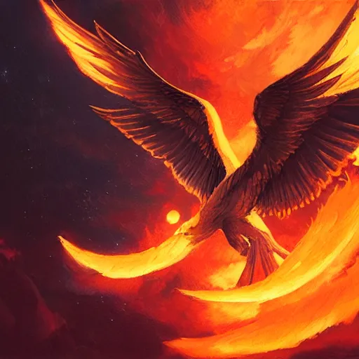 Image similar to phoenix flying in front of the moon, glowing light, fire, oil painting by greg rutkowski, 8 k