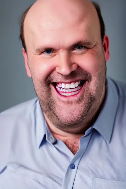 Image similar to full body color photograph of a balding, middle aged, slightly fat, brown haired, hairy, blue eyed, round faced, short white man who has a slightly large belly and thick legs, dressed in a white shirt, grey pants and black dress shoes, smiling at the camera with perfect, straight white teeth, full body portrait, head to toe