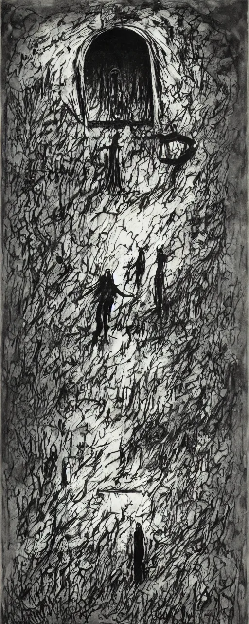Image similar to searching for the keyhole, by bernard buffet and stephen gammell and emil nolde, 8 k, trending on artstation