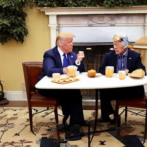 Image similar to trump and Biden sitting and eating breakfast at a Wafflehouse