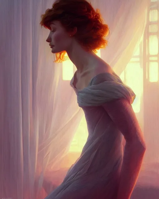 Image similar to eleanor tomlinson, posing, vaporwave, bedroom, highly detailed, digital painting, artstation, concept art, smooth, sharp focus, illustration, art by artgerm and greg rutkowski and alphonse mucha