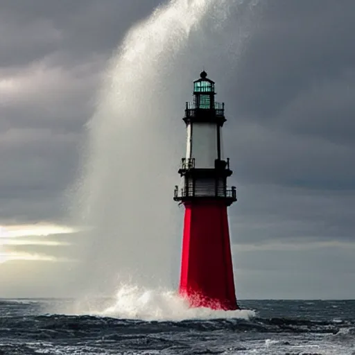 Prompt: “ highly realistic storm wave hitting a red lighthouse on a cliff ”