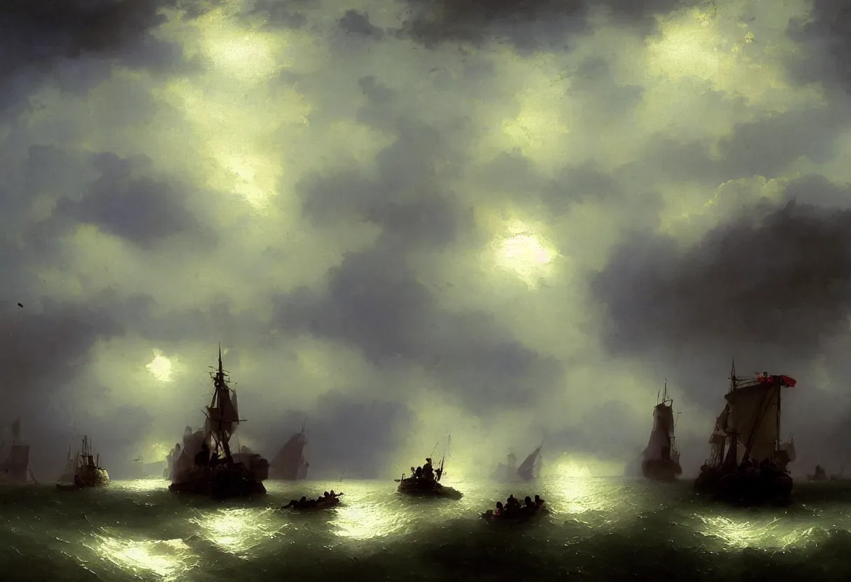 Prompt: British Marine Art from the Romantic Era by Ivan Aivazovsky