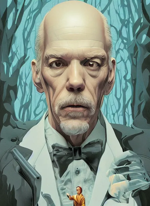 Image similar to poster artwork by Michael Whelan and Tomer Hanuka, Karol Bak John Malkovich is a conductor in tuxedo tails, from scene from Twin Peaks, clean