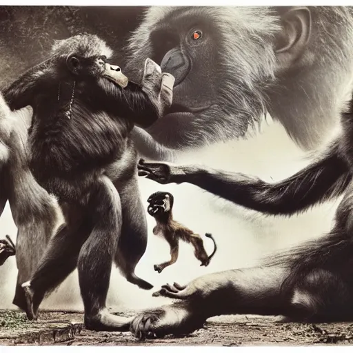 Prompt: toshiko okanoue tiger face clouds gorilla fighting a baboon chaotic jungle wes craven highly detailed, photo realistic, full color, crimson lips