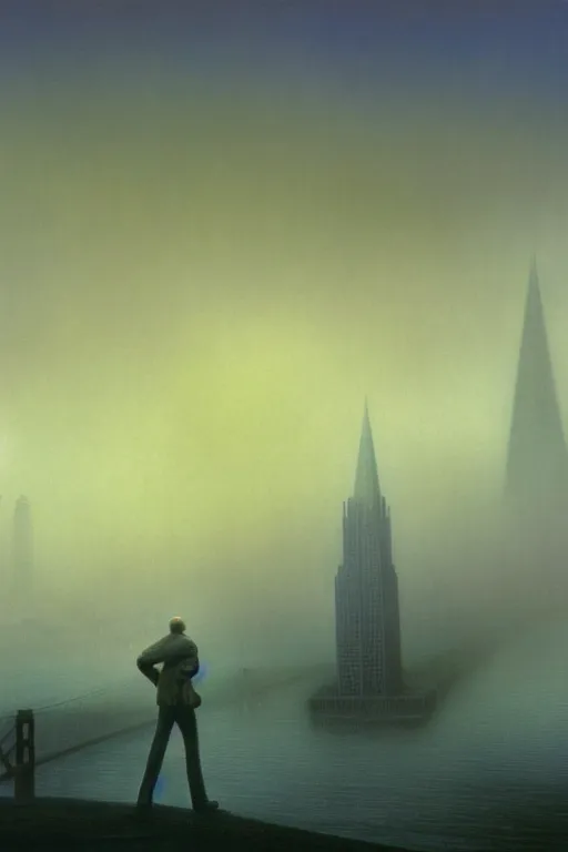 Image similar to a foggy morning in san francisco by arthur haas and bruce pennington and john schoenherr, cinematic matte painting, 8 k, dark color palate